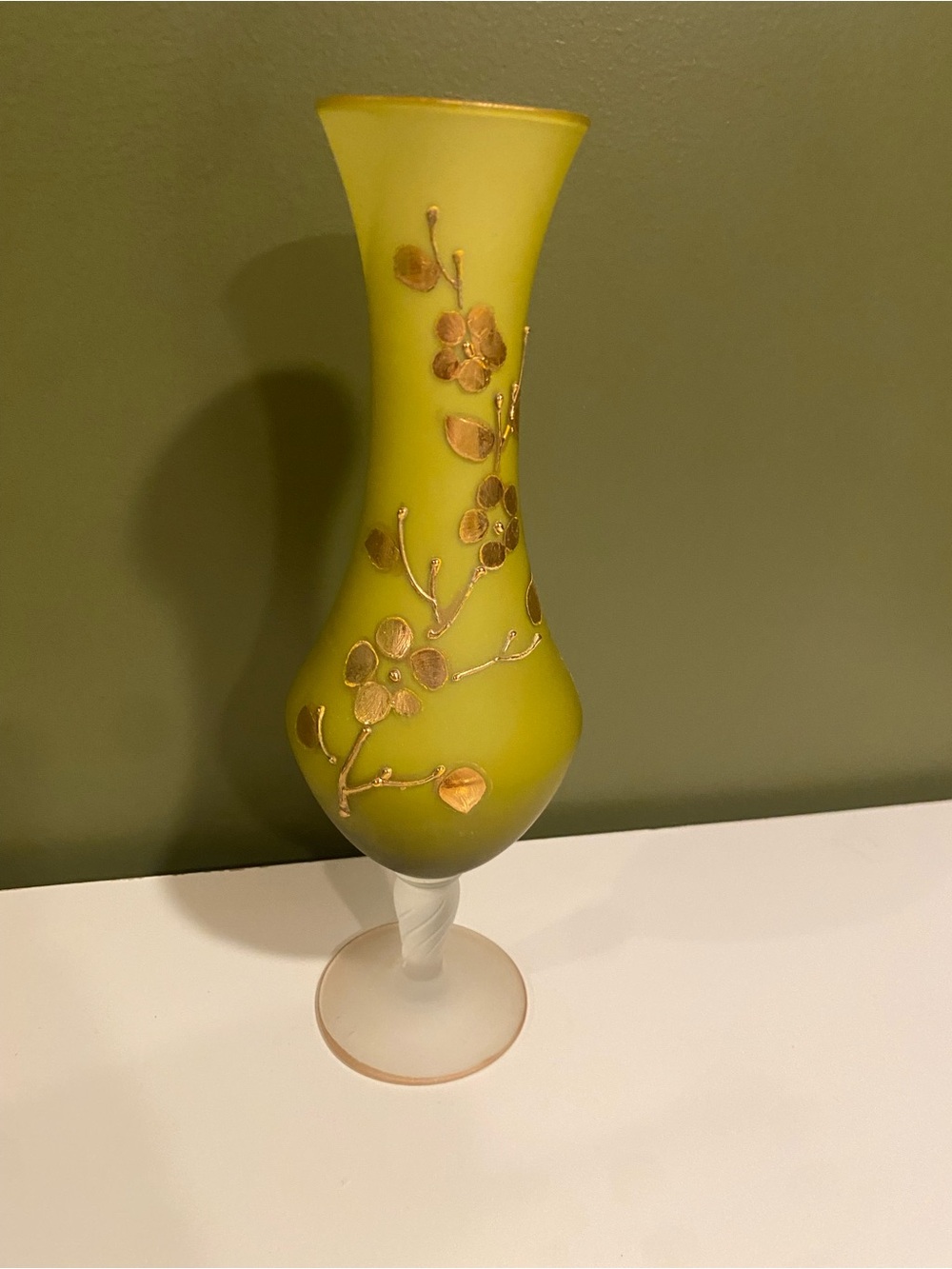 Hand-Blown Vintage Bristol Frosted Bud Vase with Gold Floral Accents